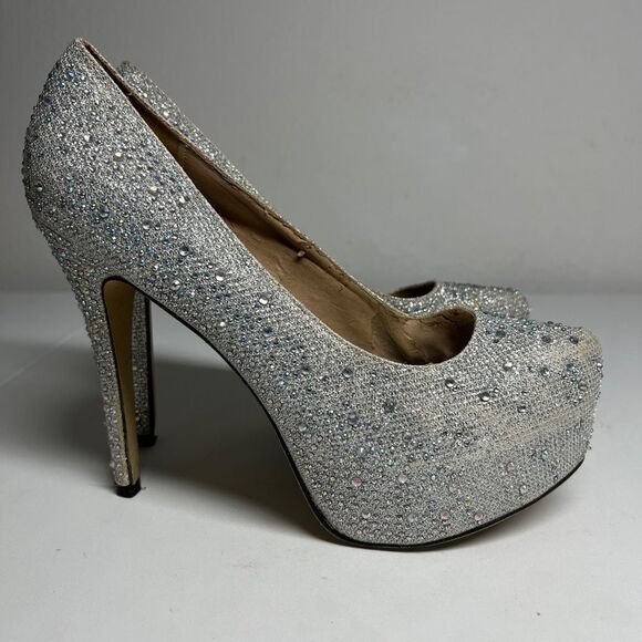 Eye Candie Silver Rhinestone 5"Stiletto Heel 2"Platform Toe Shoes WOMEN Size 10 - Picture 1 of 12